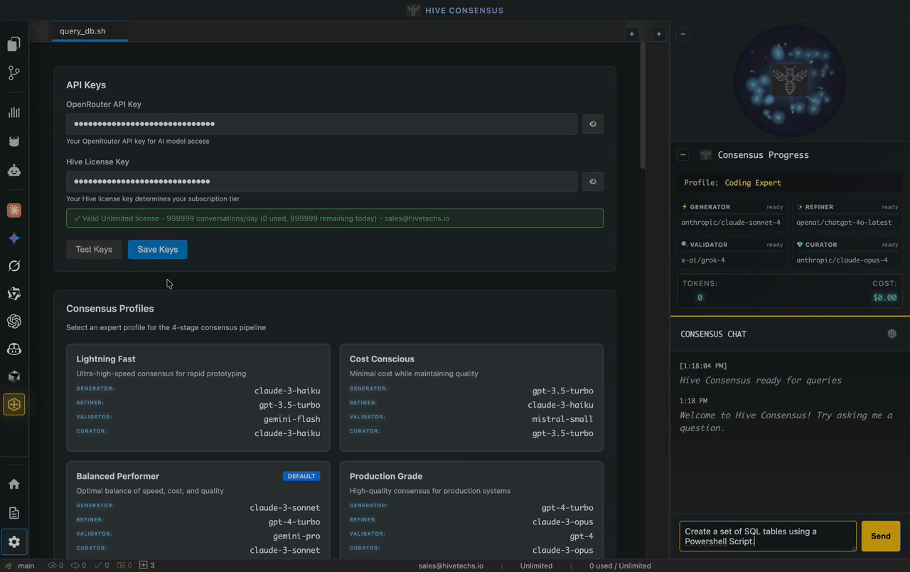 Consensus run demo with Settings and Documentation views